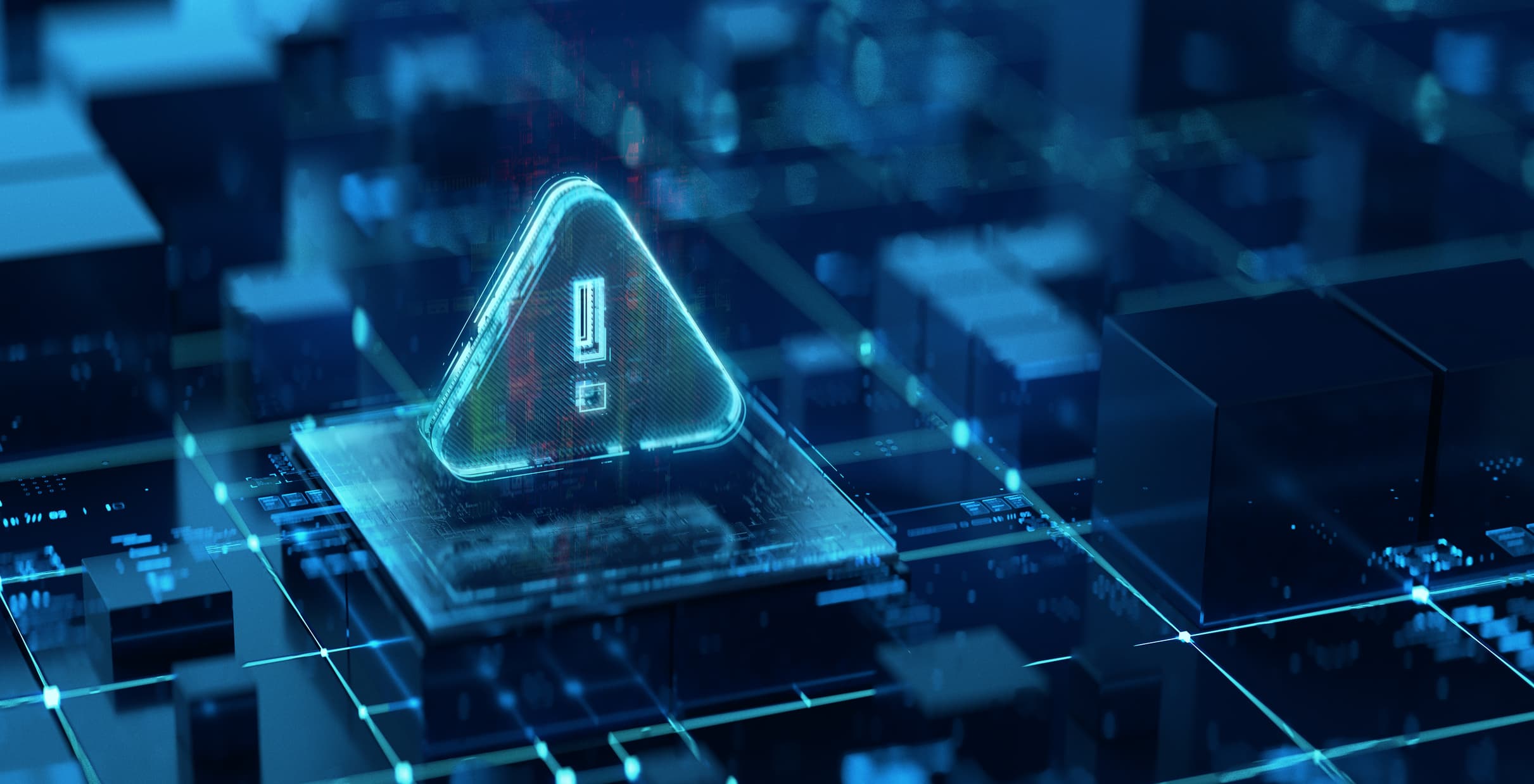 Warning sign on a digital background. An exclamation mark in a triangle shape as an alert of a computer virus, malware, or a hacker's DDoS attack.